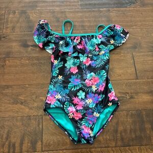 So Girls 7/8 Swimsuit One Piece Black Floral Hawaiian Black Pink Green